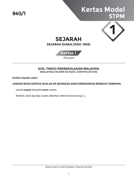 Skor A Kertas Model STPM 2023 Sejarah Dunia Semester 1