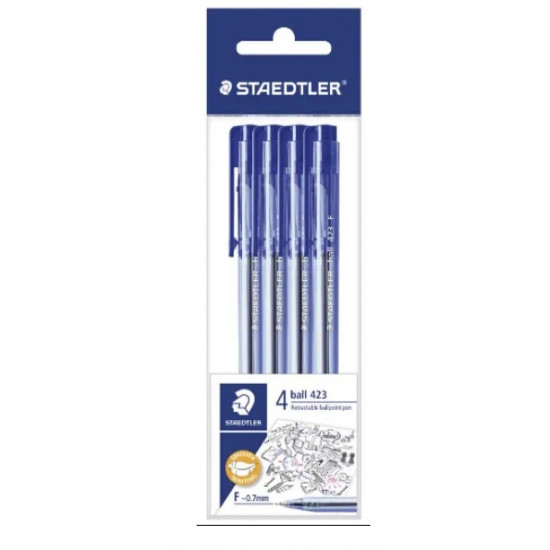 Retractable Ballpoint Pen, F ~0.7mm in PB (Pack of 4) Blue